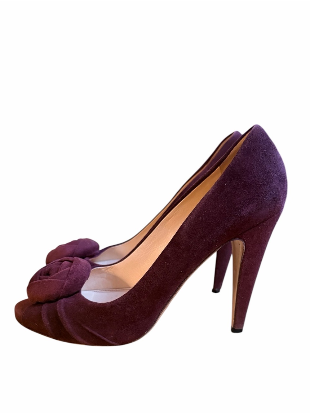 Prada Plum Suede Rosette Peep Toe Stiletto Heels EU 39 Italy - Picture 3 of 9